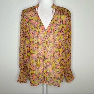Lost + Wander Womens Floral Chiffon Long Sleeve Tassel-Tie Button Up Top Size L